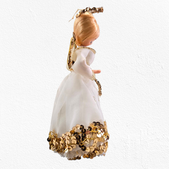 Vintage 1960s Japan Angel Tree Topper Gold Sequin Tulle Dress 8” Christmas Decor - Picture 2 of 10